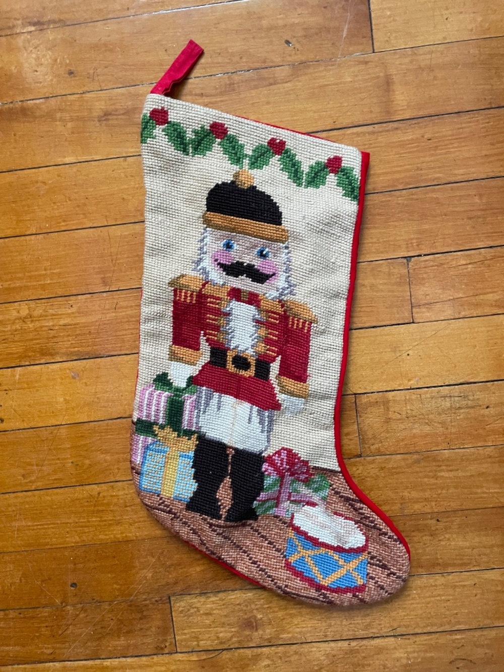 Vintage Needlepoint Nutcracker Christmas Stocking Red Velvet 16.5" Holiday